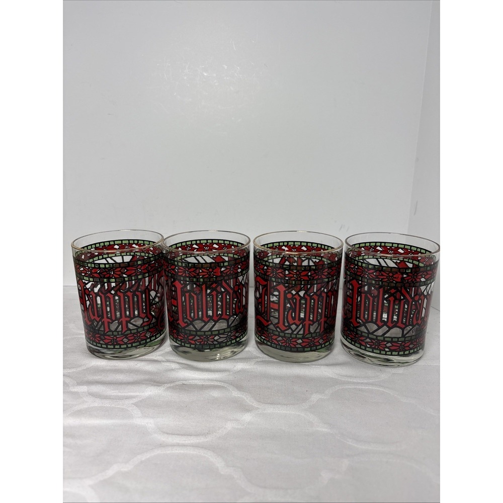 Houze Glass Happy Holidays Glasses Tumbler Set of 4 MCM Poinsettia Christmas VTG